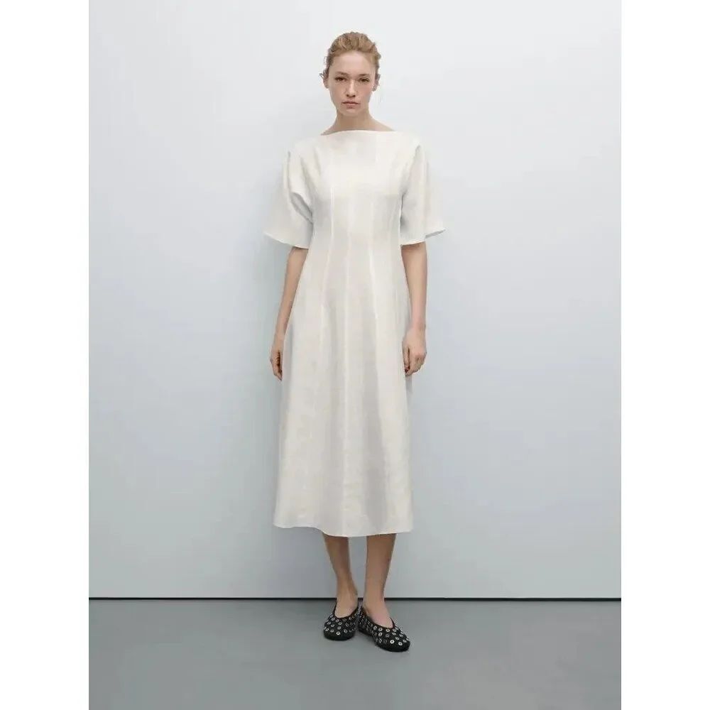Massimo Womens Midi Linen Dress White Seams EU 34 US 2 Boat Neck 6632/586 NWT
